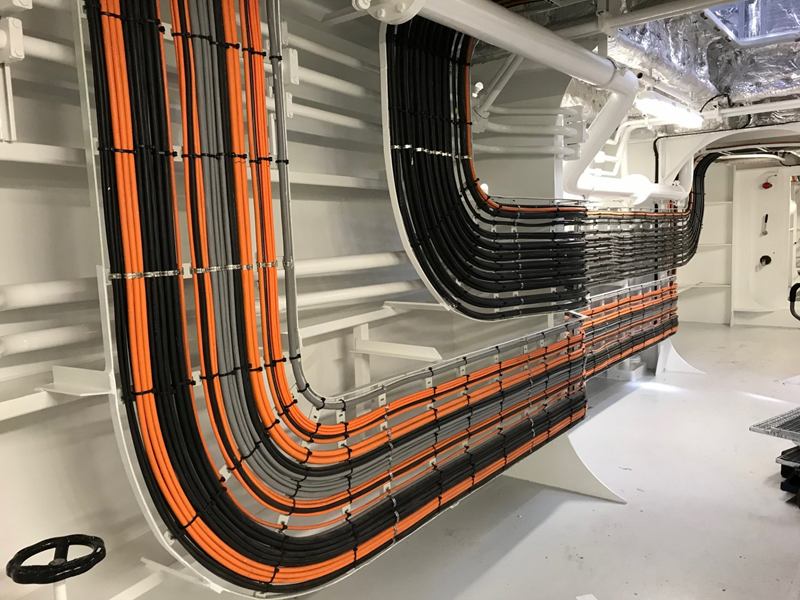 Kabelbanen met netjes gebundelde oranje en zwarte kabels