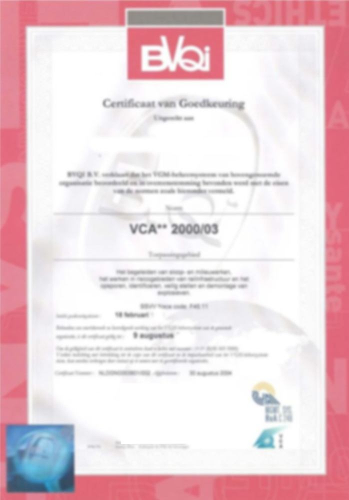 VCA-certificaat van Dijkhof Technische Dienstverlening (bewust vervaagd)
